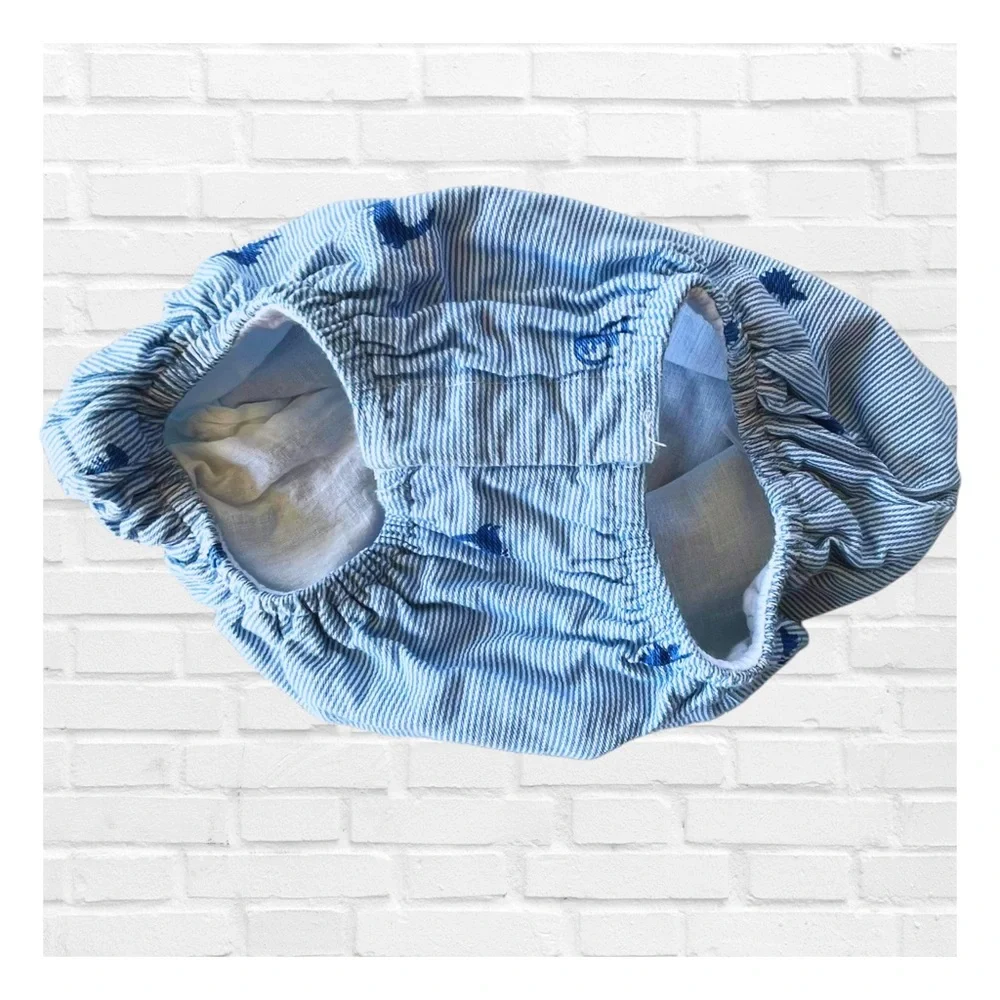 Tommy Bahama 6-9 M Light Blue White Striped Baby Bubble Romper Dinosaurs Overall